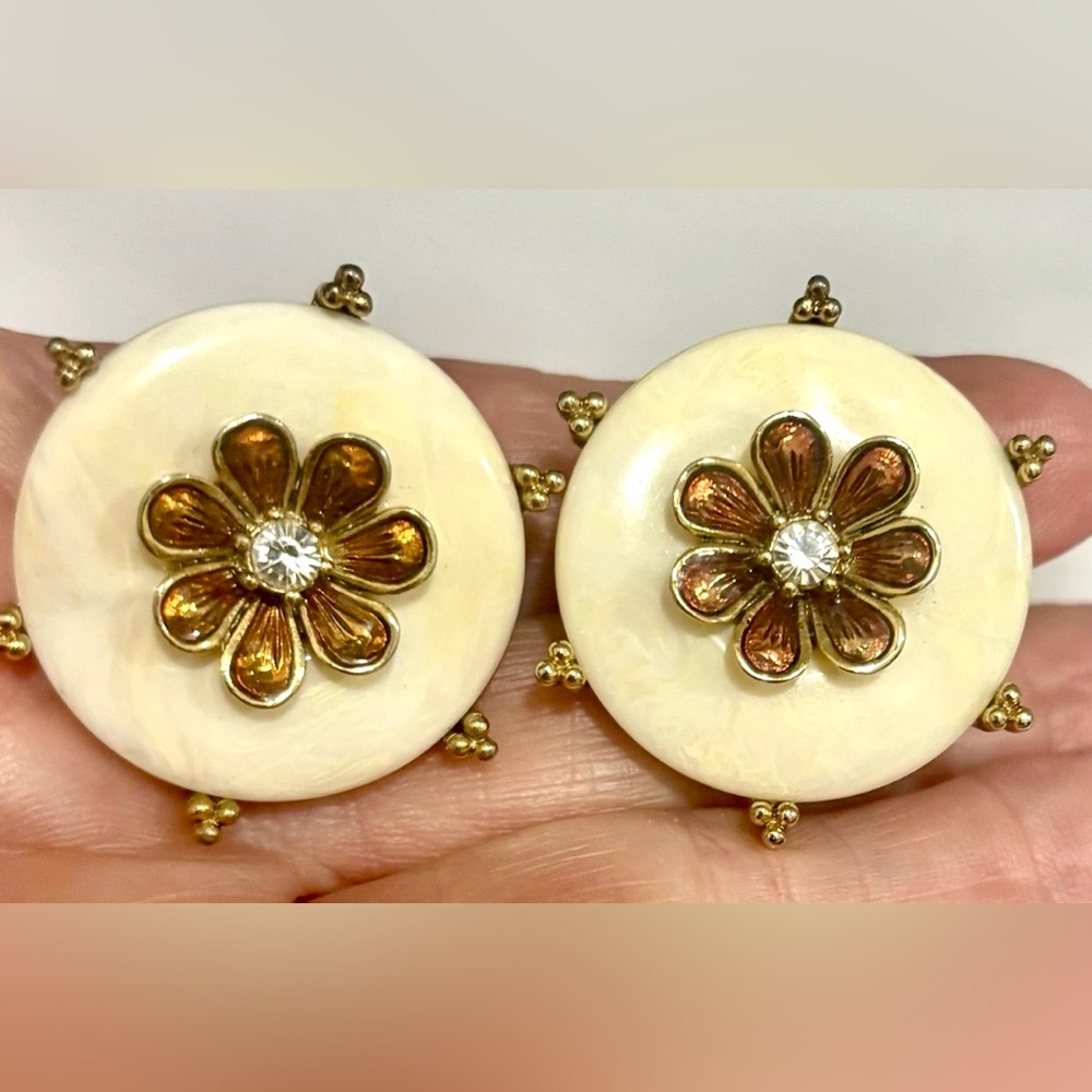 Vintage Joan Rivers Lucite Brown Cloisonne Flower Rhinestone Clip On Earrings